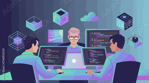 The image shows a team of developers coding together with some futuristic UI features.