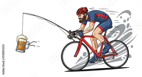 Humorous depiction of cyclist pursuing beer with fishing rod illustration style isolated