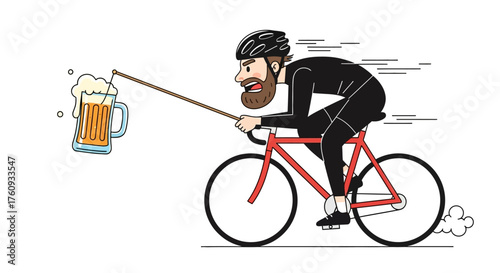 Humorous depiction of a cyclist motivated by beer a funny illustration about reward