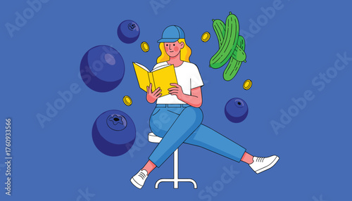Vector art of a woman wearing a blue cap and jeans sits on a stool reading a yellow book surrounded by blueberries and cucumbers against a blue background 