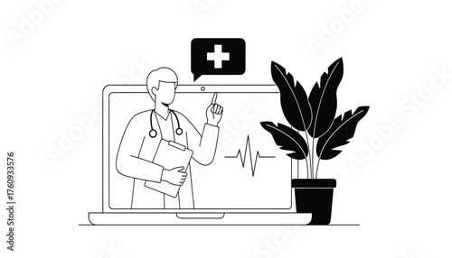 Vector art of doctor consulting patient online via laptop, telemedicine concept, medical consultation, healthcare technology, remote doctor visit, digital health, virtual appointment, doctor with stet