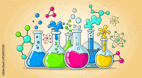 Colorful Science Illustration: Chemical Reactions in Beakers and Flasks Laboratory Design