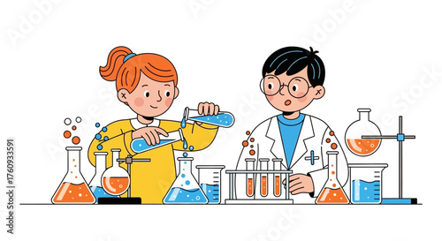 Illustrative depiction of young students conducting scientific experiments in a laboratory setting