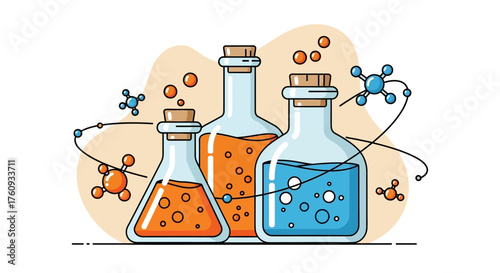 Illustrative chemistry set featuring beakers with colorful liquids and molecule models