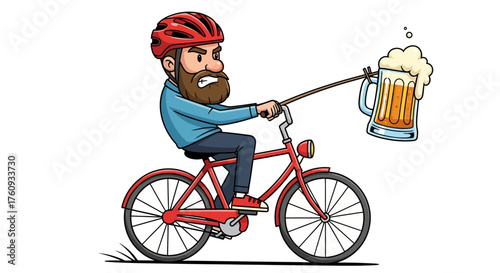 Humorous illustration of a determined cyclist pursuing a tempting beer on a bicycle cartoon