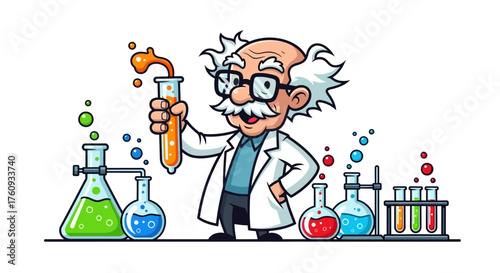 Cartoon scientist conducting experiments with various colorful chemicals in the laboratory