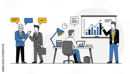 Vector art of business meeting and office work, two businessmen discuss ideas while another works at a desk and one presents a graph on a whiteboard