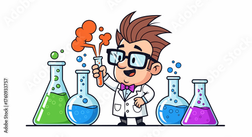 Cartoon scientist conducting experiment with colorful chemicals and flasks illustration