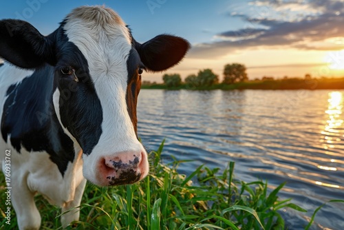 Black and white cow grazing on green meadow near calm river at sunset