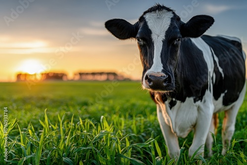 Black and white cow enjoying sunset on a vibrant green meadow
