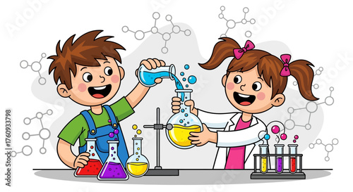 Cartoon illustration of children experimenting with chemical solutions in a laboratory setting