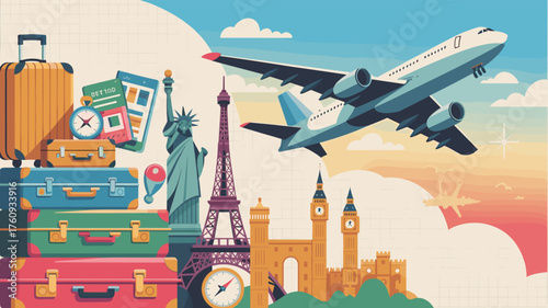 Exploring the world with an airplane flying over the world landmarks and travel suitcases.