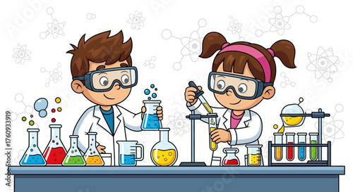 Cartoon kids conducting science experiments in a laboratory with colorful chemical solutions