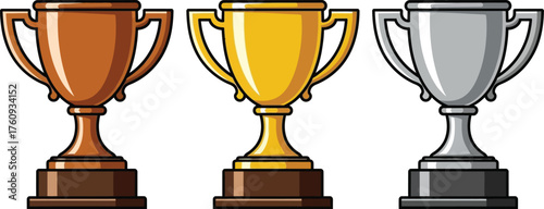 Bronze, Gold, and Silver Trophies Standing in a Row Isolated on White Background