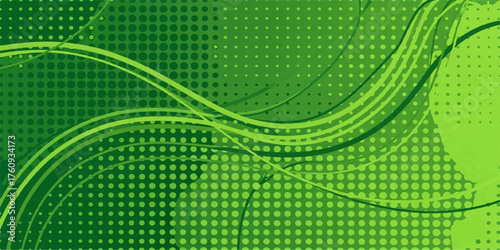 The vibrant abstract green background features a dynamic pattern of halftone dots and a subtle light wave design