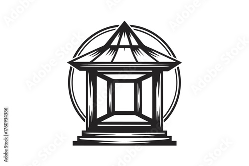 Monochrome silhouette depicts a geometric gazebo structure surrounded by a circular frame, creating a balanced graphic