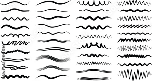 Collection of Black Decorative Wavy Lines on White Background Brush Strokes, Curves