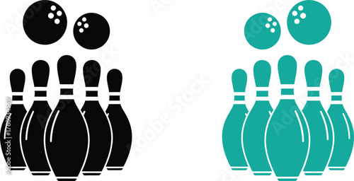 Bowling Pins and Balls Icon Set in Black and Teal on Transparent Background