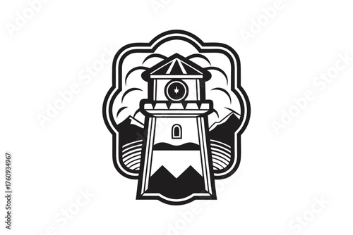 Monochrome vintage tower stands prominently amid serene mountains and patterned landscape within emblem