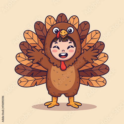Happy Child in Turkey Costume Celebrating Thanksgiving. illustration