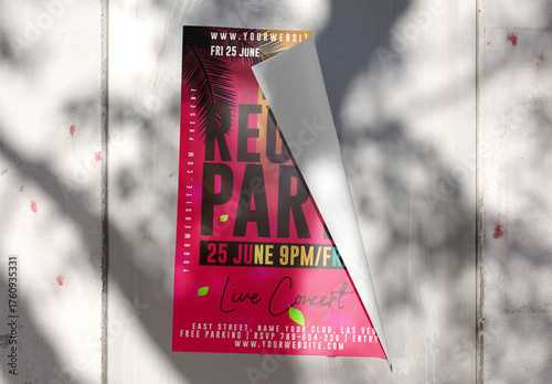 Mockup of A blank Peeling poster glued in a textured surface, surrounded by soft shadows