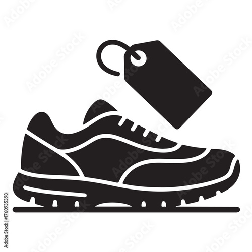 A black silhouette of a sneaker with a price tag isolated on white background, representing shopping and retail concept