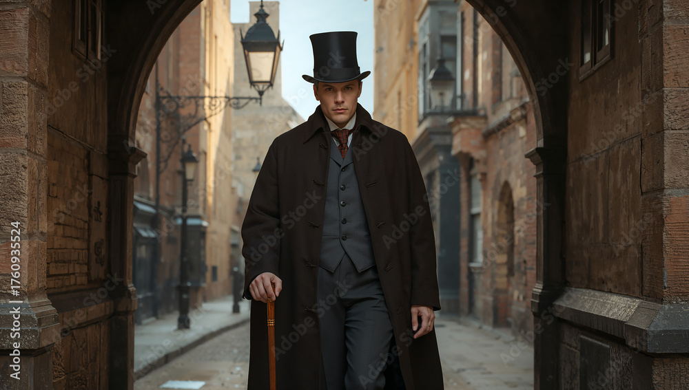 Naklejka premium Dapper Man Strolling Through a Timeless Urban Passage