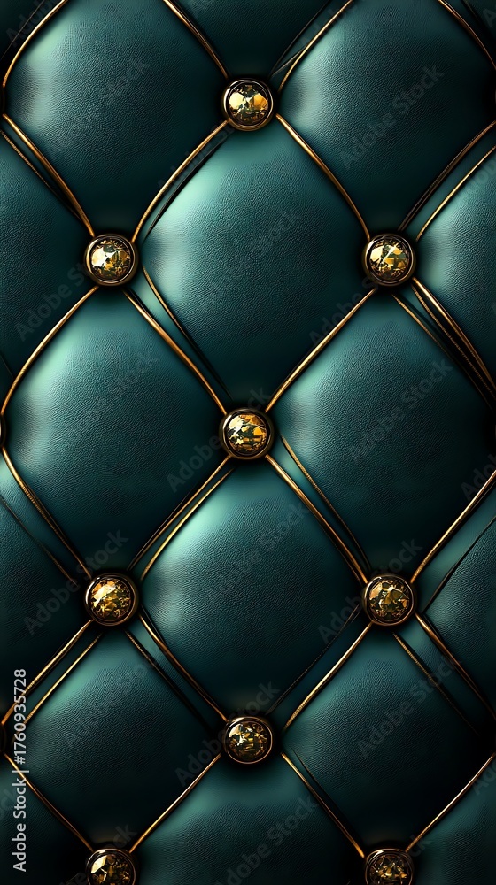 Obraz premium Close up of a tufted dark teal leather surface with gold accents and button details pattern texture