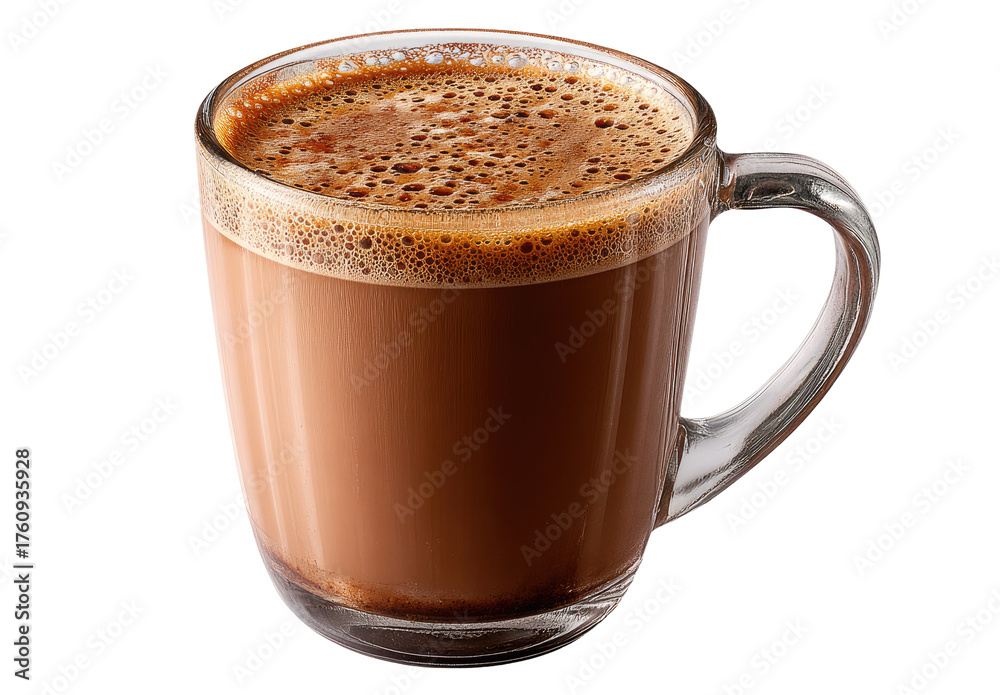 Fototapeta premium A clear glass mug filled with a rich, dark chocolate-colored beverage. Foamy, textured top