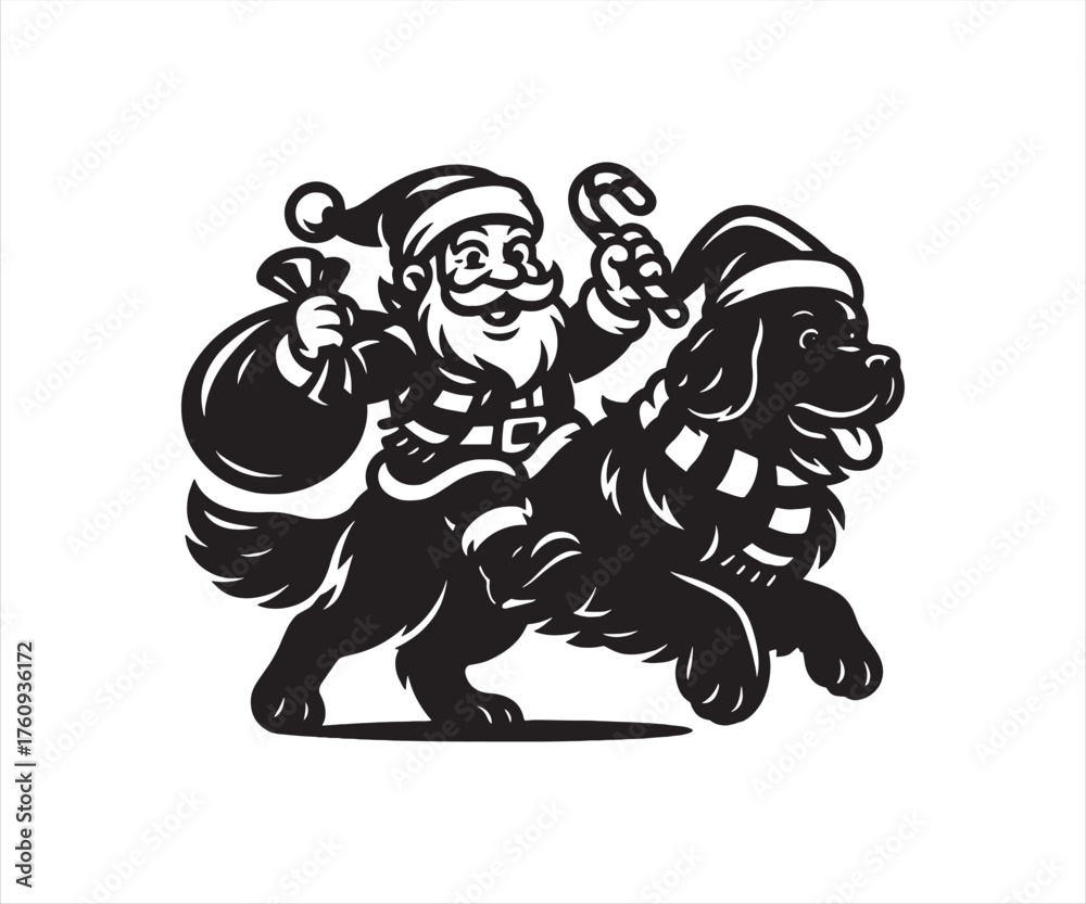 Fototapeta premium Santa Claus Riding Newfoundland Dog Vector – Funny Christmas Cartoon Illustration, Santa with Candy Cane and Gift Bag