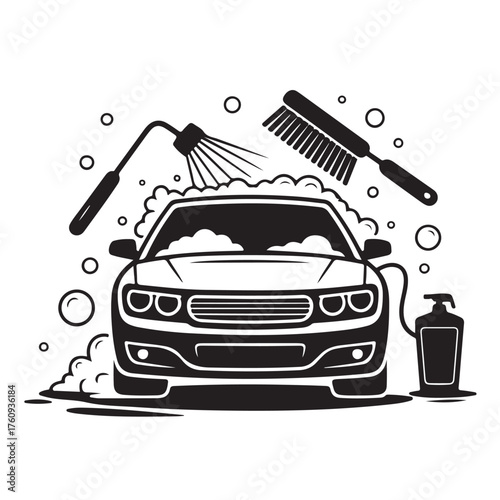 A car wash scene with soap and brush isolated on white background, representing vehicle cleaning and maintenance in silhouette