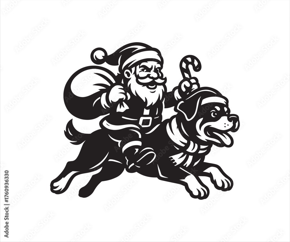 Fototapeta premium Santa Claus Riding Rottweiler Dog Vector – Funny Christmas Cartoon Illustration, Santa with Candy Cane and Gift Bag