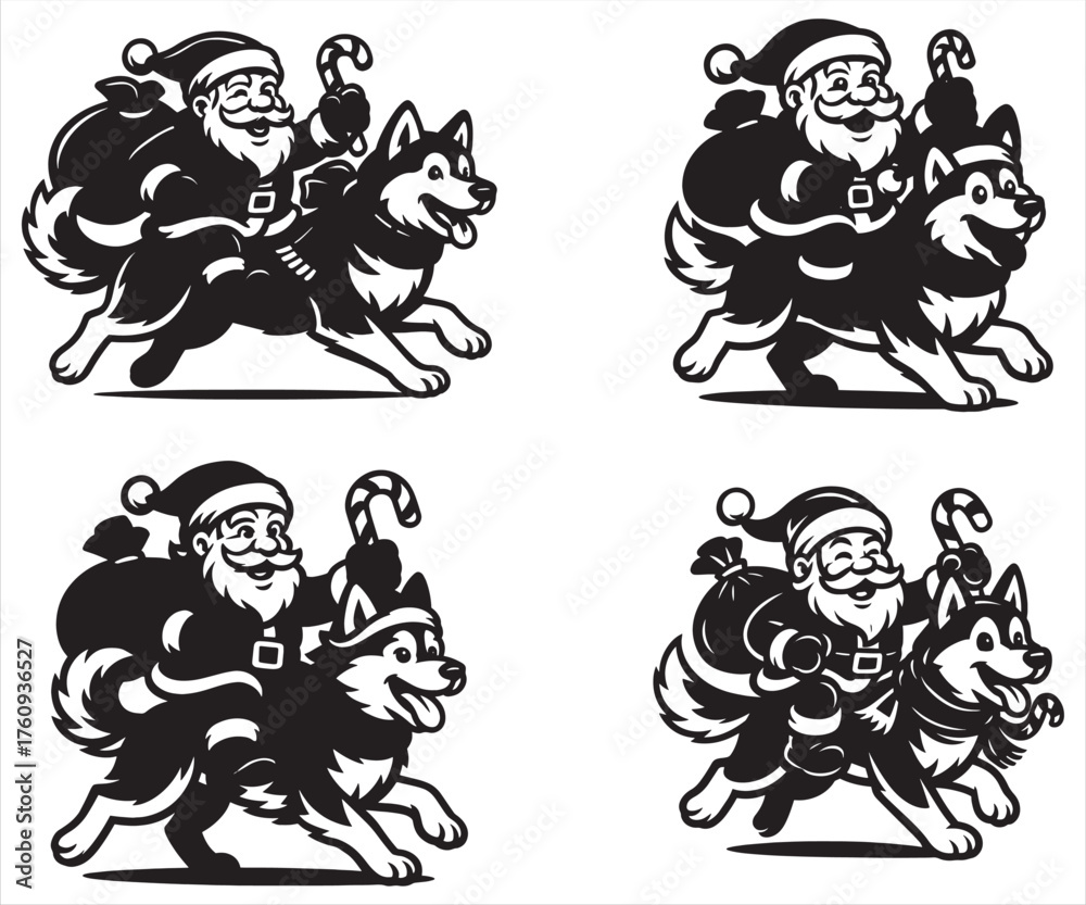 Fototapeta premium Santa Claus Riding Husky Dog Vector – Funny Christmas Cartoon Illustration, Santa with Candy Cane and Gift Bag