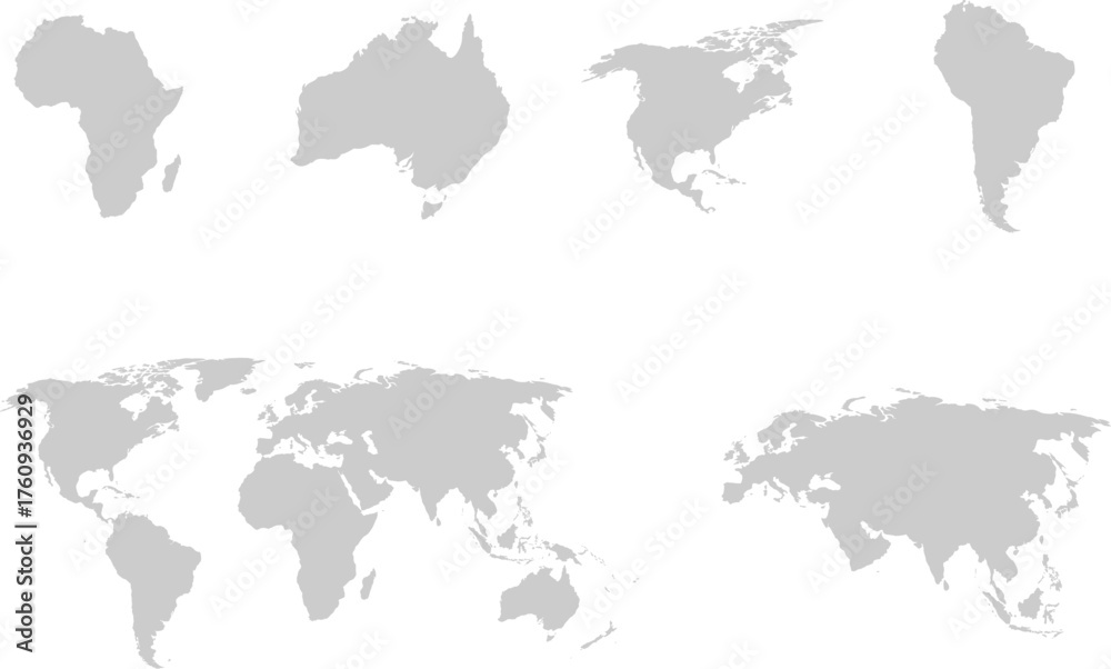 Fototapeta premium Gray vector world map illustration and continents on transparent background. Showcasing a global perspective with clear outlines for educational and design purposes