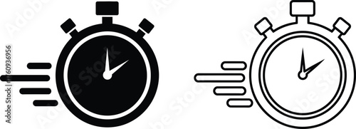Fast Stopwatch Timer with Motion Lines, Black and White Time Symbol on Transparent