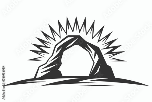 Rock archway on a ground surrounded by radiating sunburst patterns makes an interesting icon