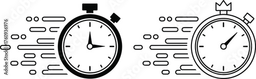 Fast Timing Two Black and White Stopwatch Icons with Motion Lines on White