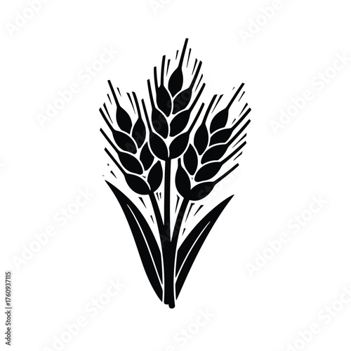 A bold black and white linocut illustration of three wheat stalks with detailed grains.