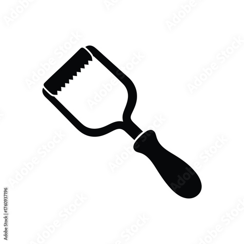 Black silhouette icon of a Y-shaped vegetable peeler with a serrated blade, isolated on a white background.