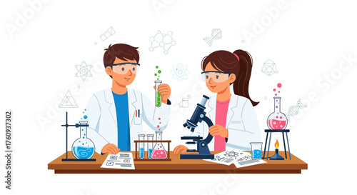 Illustration of two young scientists conducting experiments in a laboratory setting with chemistry