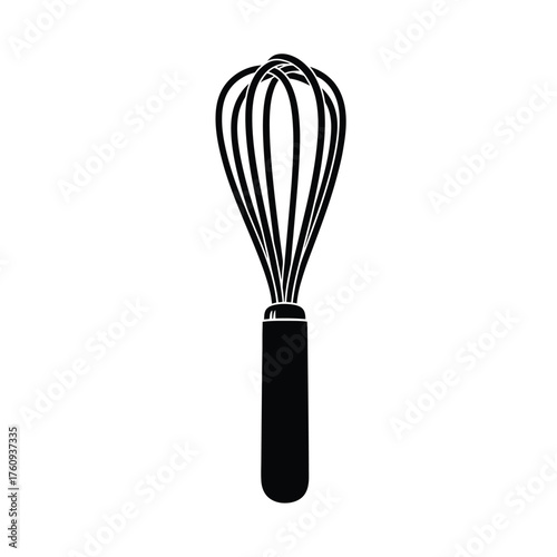 A simple black silhouette icon of a kitchen wire whisk for cooking and baking, isolated on a white background.