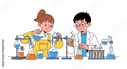 Enthusiastic young scientists conducting experiments in a laboratory setting illustration