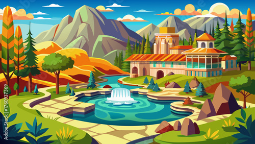 Very beautiful Hot Springs National Park, USA — featuring steaming thermal waters surrounded by lush greenery, rocky terrain, and serene natural landscapes, capturing the rejuvenating charm of this 