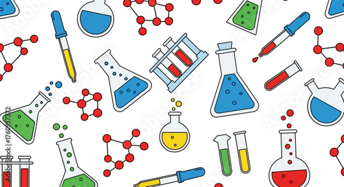 Colorful science themed seamless pattern with chemical flasks and molecule structures laboratory