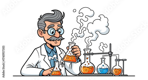 Cartoon scientist conducting experiment with beakers and chemical reaction displayed in laboratory