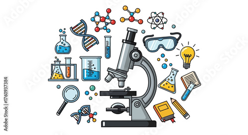 Illustration showcasing science lab equipment and molecules on a clean white backdrop