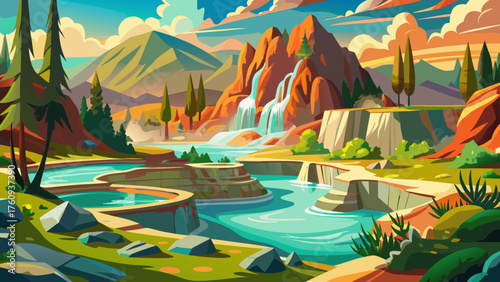 Very beautiful Hot Springs National Park, USA — featuring steaming thermal waters surrounded by lush greenery, rocky terrain, and serene natural landscapes, capturing the rejuvenating charm of this 