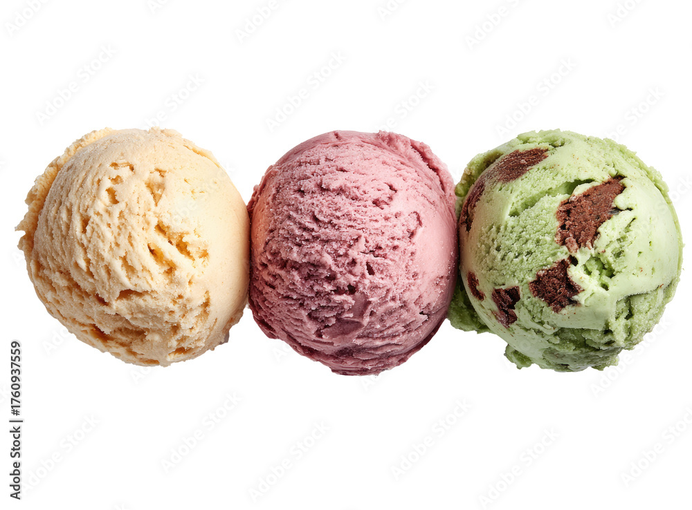 Fototapeta premium Three scoops of ice cream, pale yellow, deep pink, and speckled green