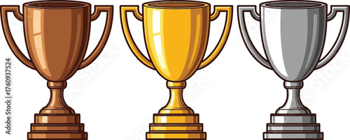 Gold Silver Bronze Trophies Set Isolated with Glossy Finish on White Background