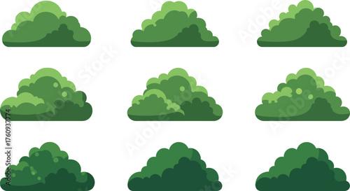 Green Bush Cartoon Set with Nine Unique Plant Designs on White Background